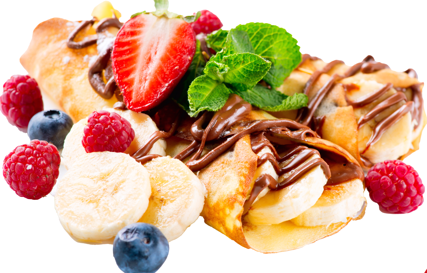 Nutella crepes with strawberries, bananas, raspberries, and blueberries