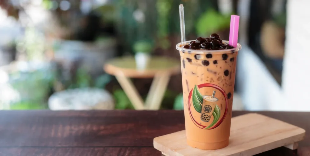 Red Circle Boba milk tea with tapioca pearls and branded cup logo