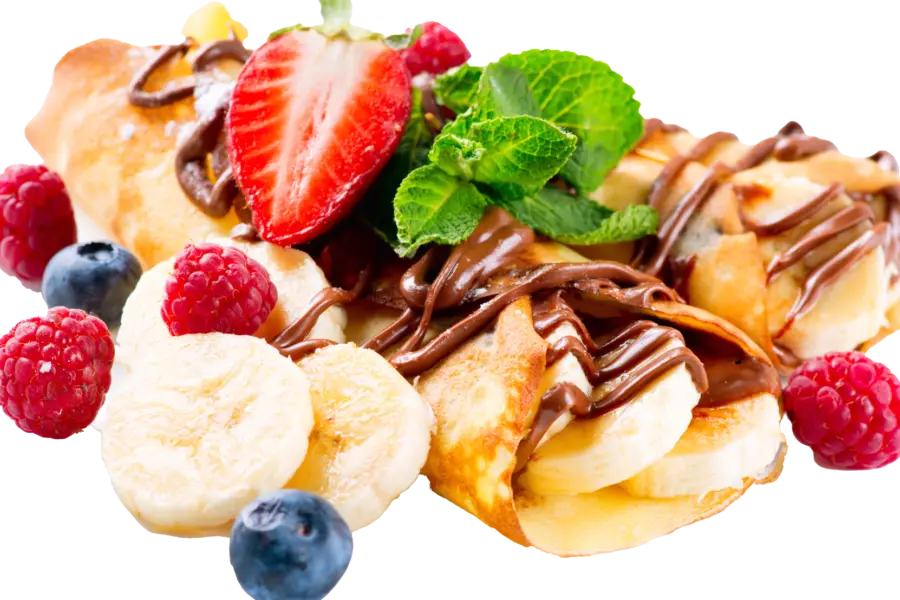 Nutella crepes with strawberries, bananas, raspberries, and blueberries